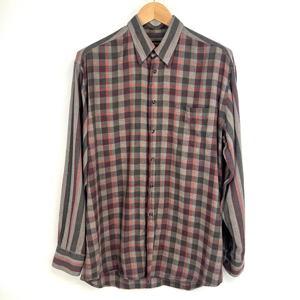 St. Croix Button Front LS Shirt Mens Size L Striped‎ Plaid Gray Red Cotton Italy